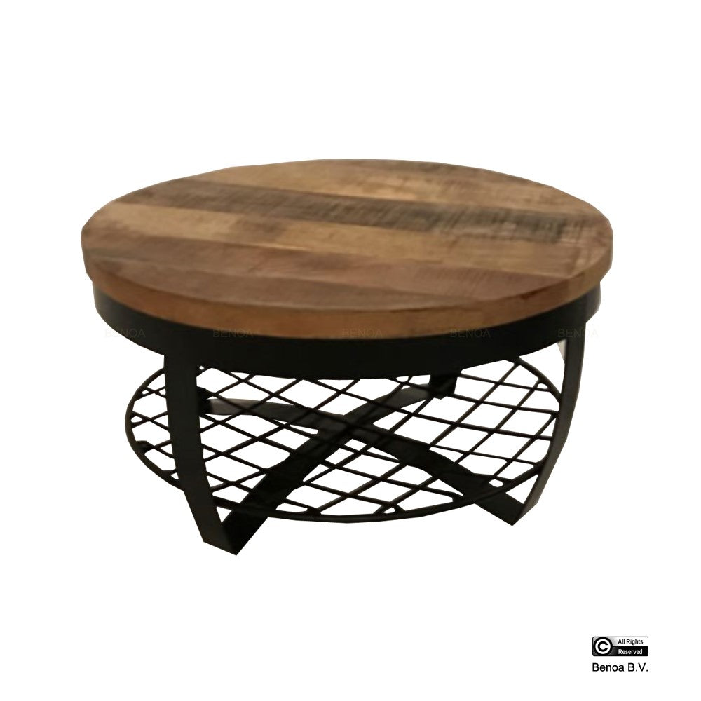 Salontafel Rond Metaal & Metalen Rek 65 Iron Stand Black Finish & Wood Natural Finish