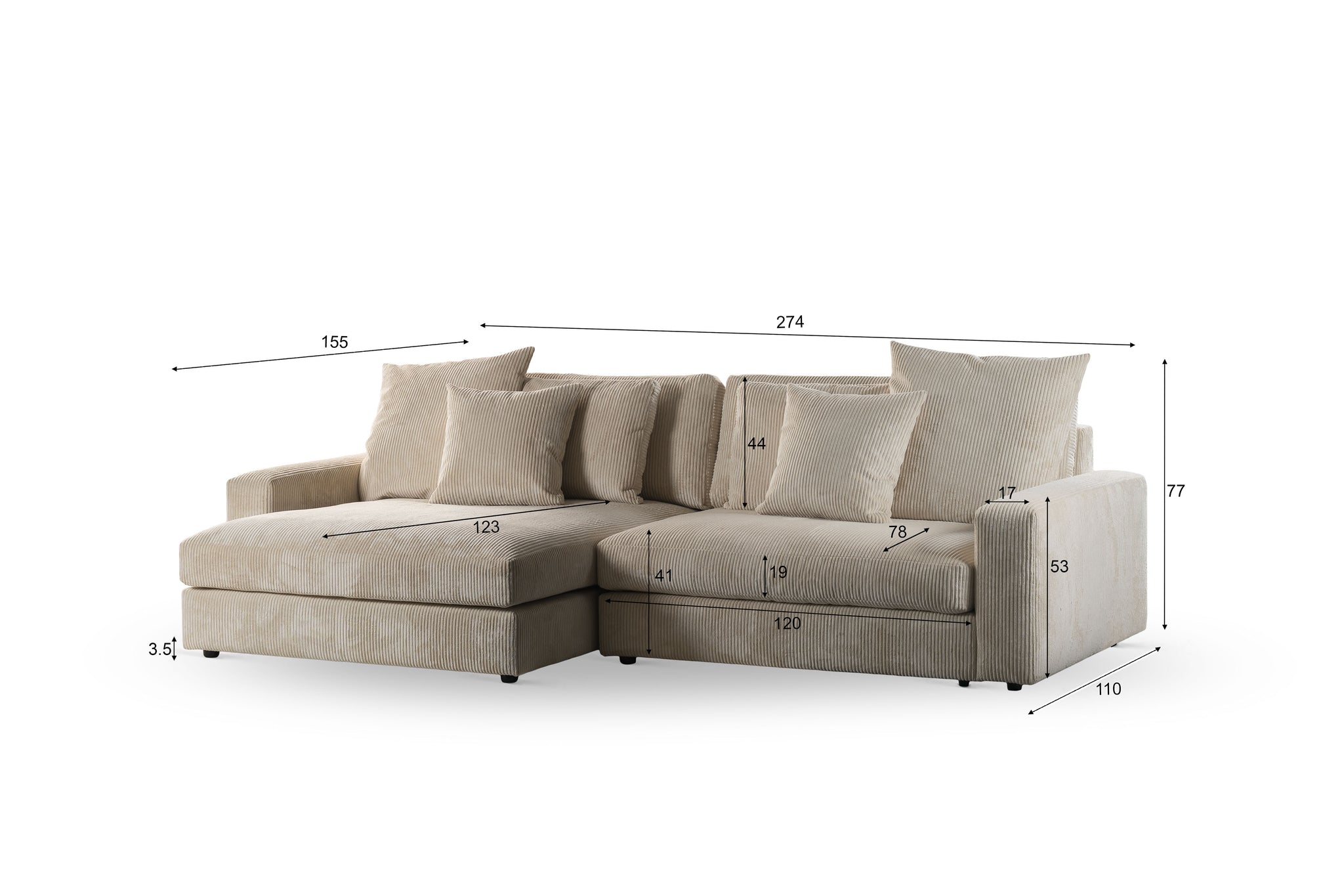 3-Sitzer-Sofa CL L+R, Stoff Lincoln 83, R920 natur