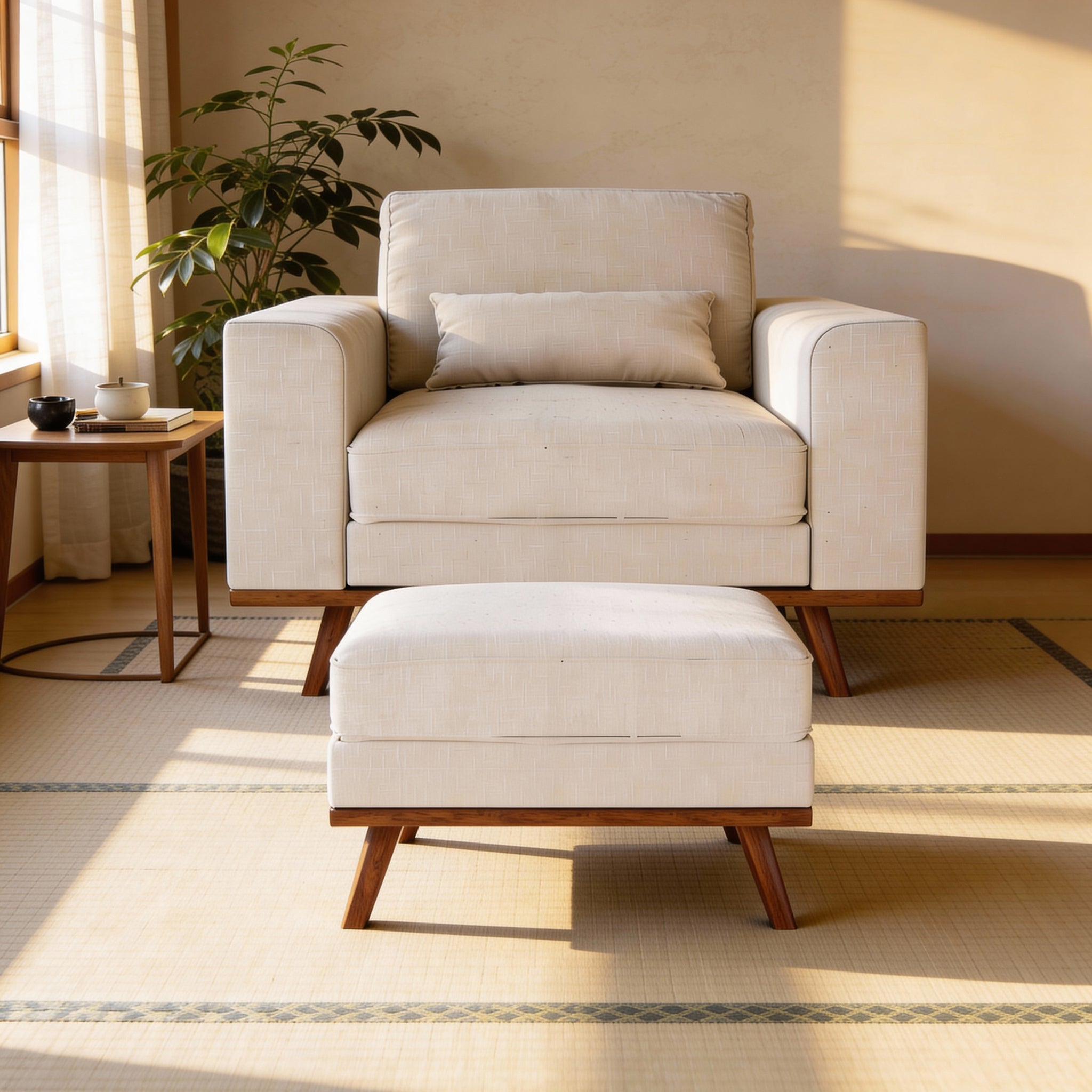 Japandi hocker, stof Melva 02, M460 beige