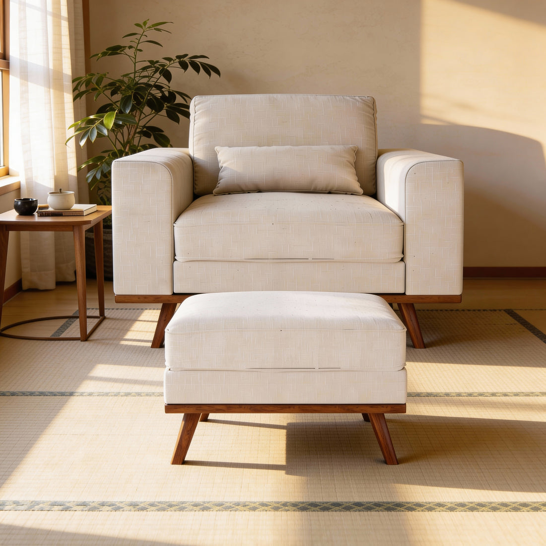 Japandi hocker, stof Melva 02, M460 beige