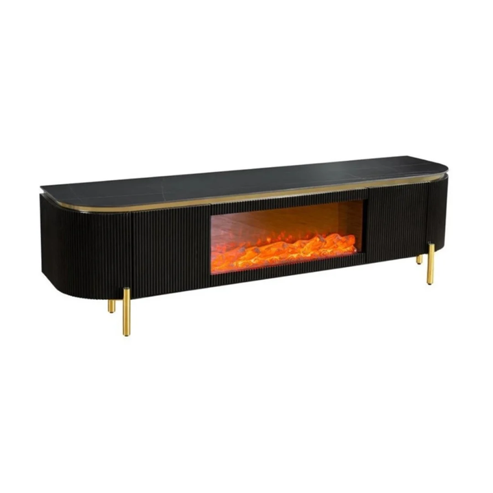 AQUA TV MEUBEL BLACK/GOLD FIREPLACE 200X50X55 BLACK/WHITE CERAMIC