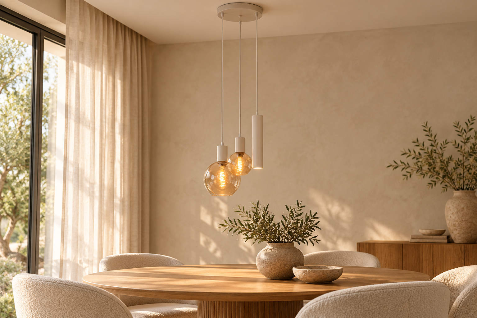 Plafondlamp Isabel in een warm interieur – AI-sfeerimpressie
