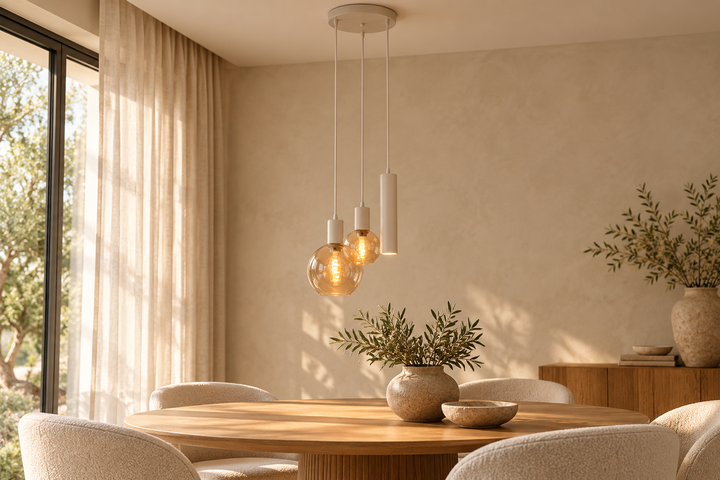 Plafondlamp Isabel in een warm interieur – AI-sfeerimpressie