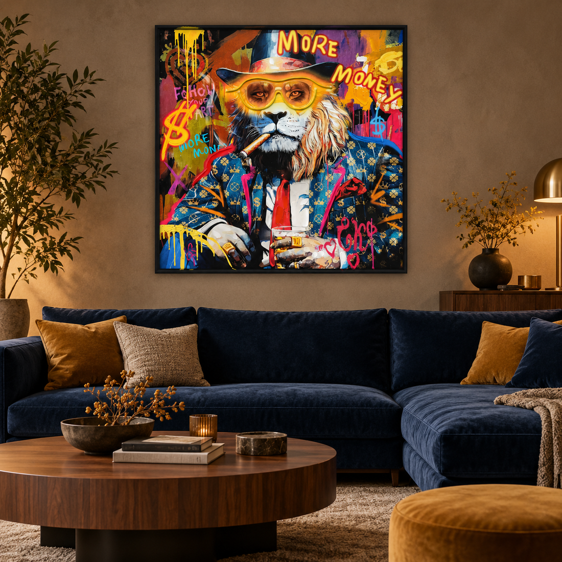 Wall Deco 24603ND2-E – More Money leeuw in luxe woonkamer | Meubelfrits