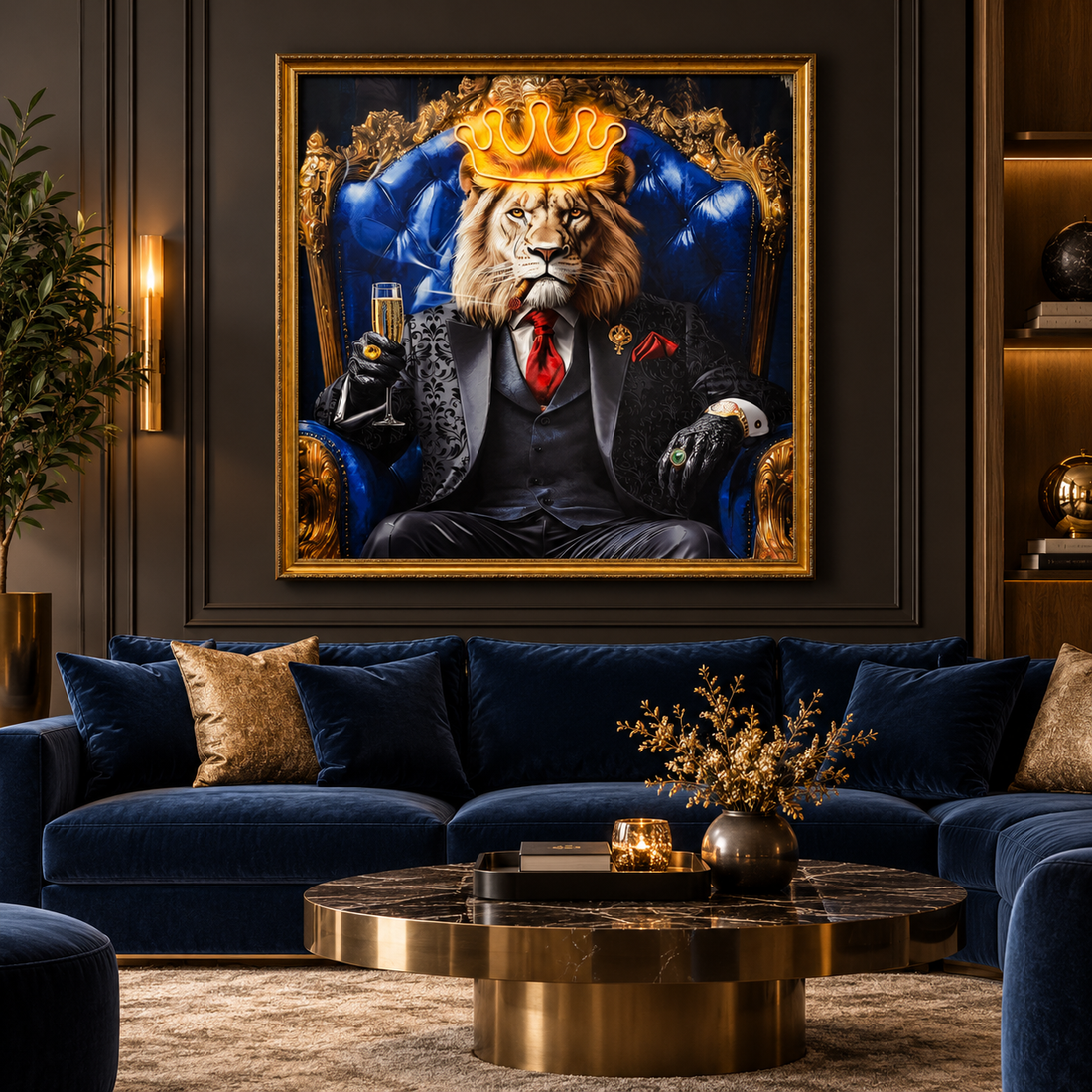 Wall Deco 24604ND4-E – Leeuw met kroon in luxe blauw interieur | Meubelfrits