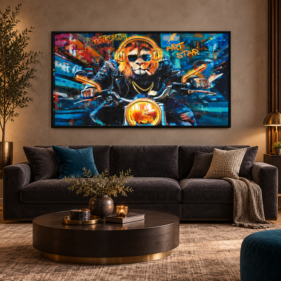 Wall Deco 25093ND2-E – leeuw op motor in luxe woonkamer | Meubelfrits