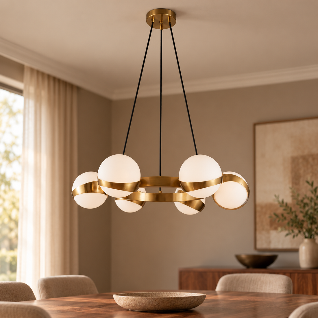 Elegante Gouden Hanglamp met Zes Bollen – sfeerimpressie