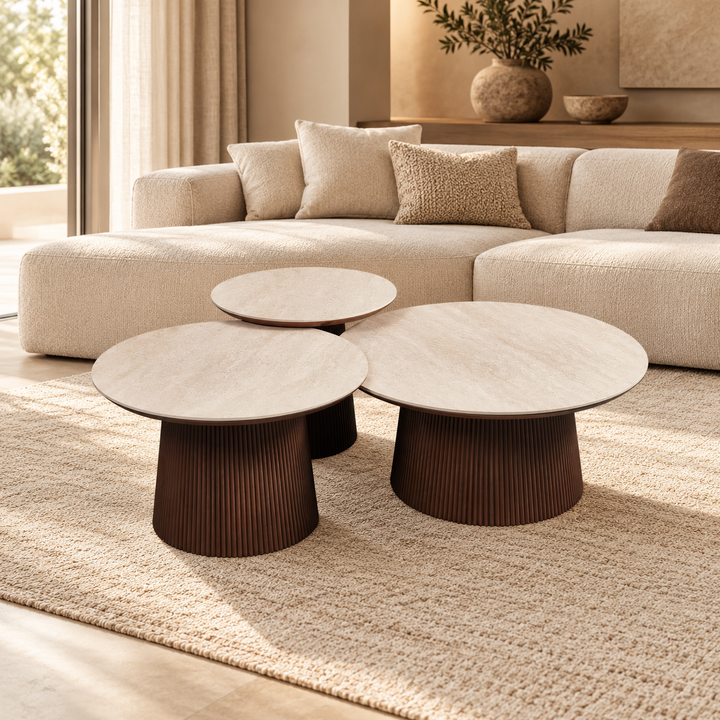 AQUA SALONTAFEL SET BROWN 80/38|65/42|50/46 BEIGE CERAMIC – sfeerimpressie