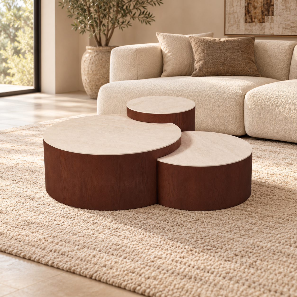 AQUA SALONTAFEL SET BROWN 90/37|70\30|50/45 BEIGE CERAMIC – sfeerimpressie
