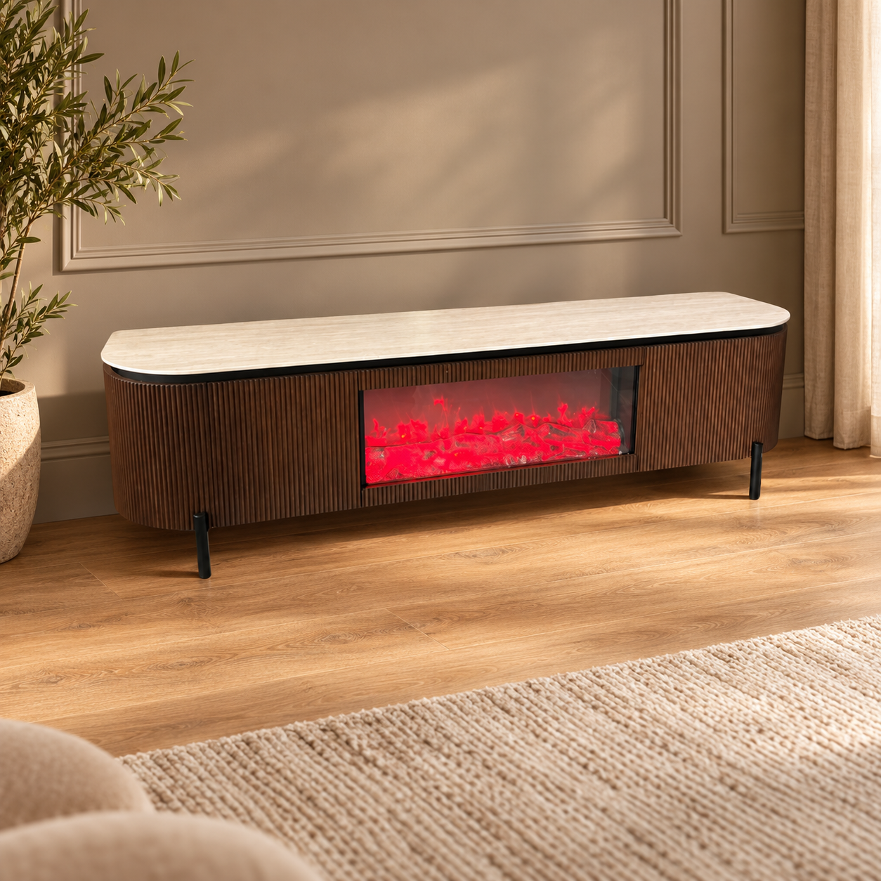 AQUA TVMEUBEL BROWN WHITH FIREPLACE 200X50X55 BEIGE CERAMIC – sfeerimpressie