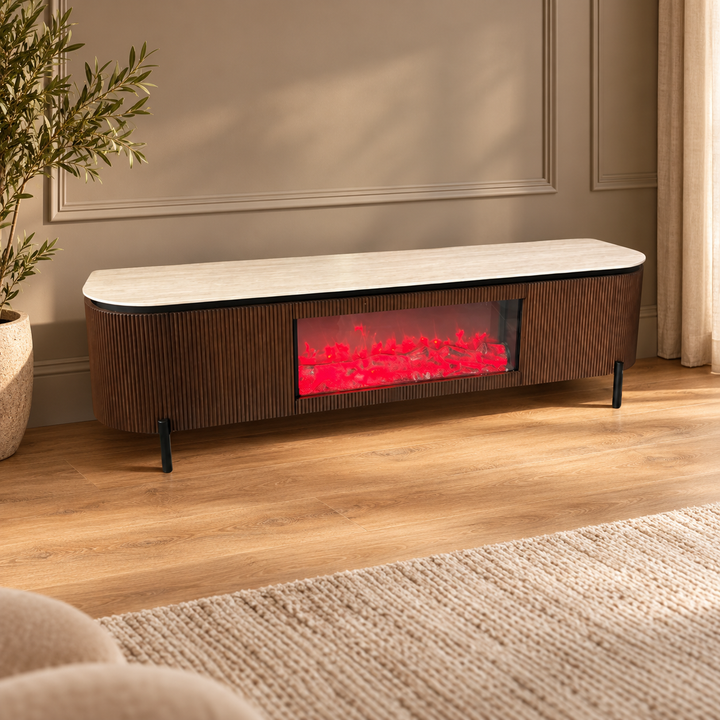 AQUA TVMEUBEL BROWN WHITH FIREPLACE 200X50X55 BEIGE CERAMIC – sfeerimpressie
