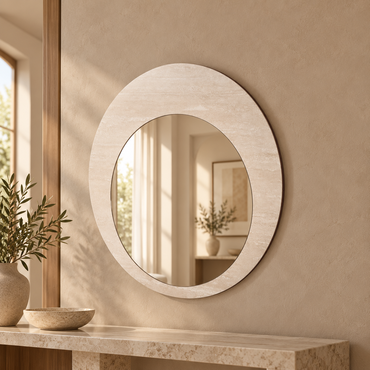 AQUA SPIEGEL BEIGE CERAMIC 120 rond – sfeerimpressie