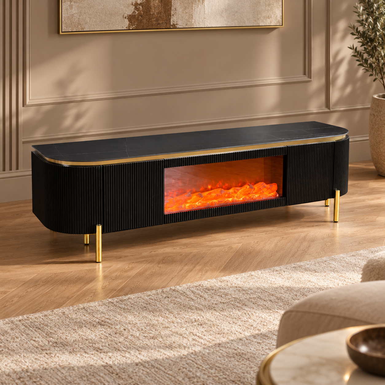 AQUA TV MEUBEL BLACK/GOLD FIREPLACE 200X50X55 BLACK/WHITE CERAMIC – sfeerimpressie
