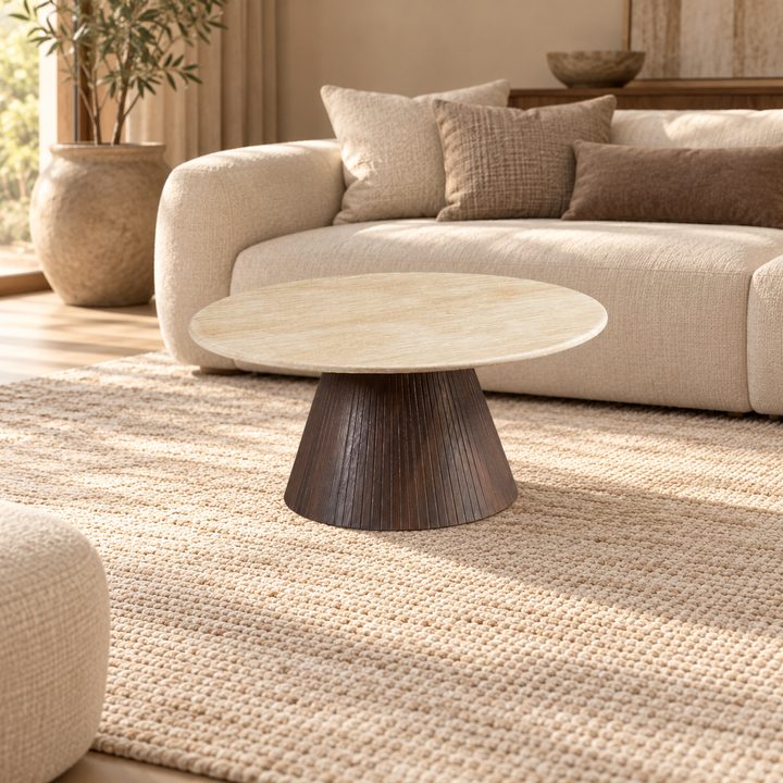 KIMBERLY SALONTAFEL 110 ROND FLINTSTONE FAUX MARBLE TOP – sfeerimpressie