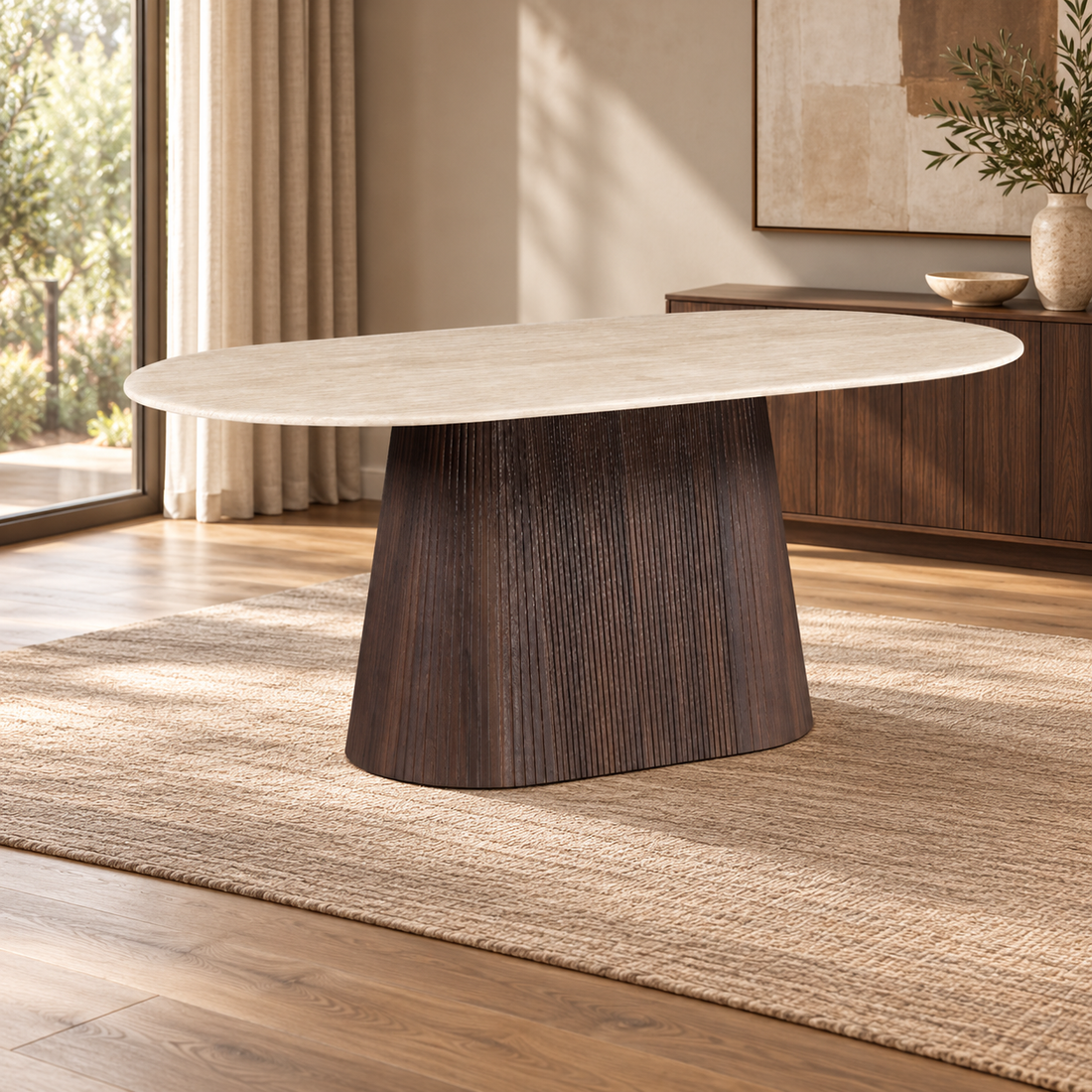 KIMBERLY EETTAFEL OVAL FLINTSTONE FAUX MARBLE TOP – sfeerimpressie