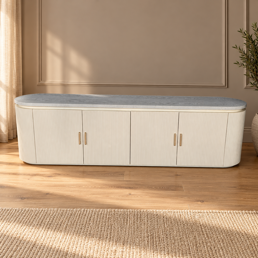 KIMBERLY TV MEUBEL 200X40X55 CREME FINEER – sfeerimpressie