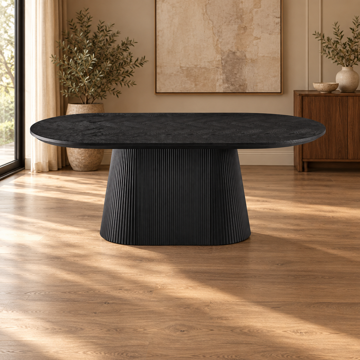 KIMBERLY EETTAFEL 180X90 + BLACK VISGRAAT PLAIN – sfeerimpressie