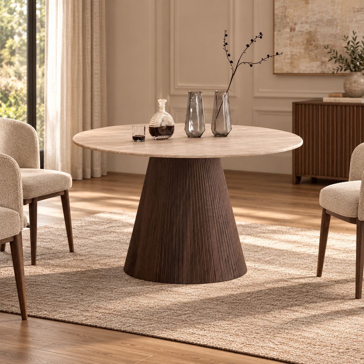 KIMBERLY EETTAFEL 130 ROND FLINTSTONE FAUX MARBLE TOP – sfeerimpressie