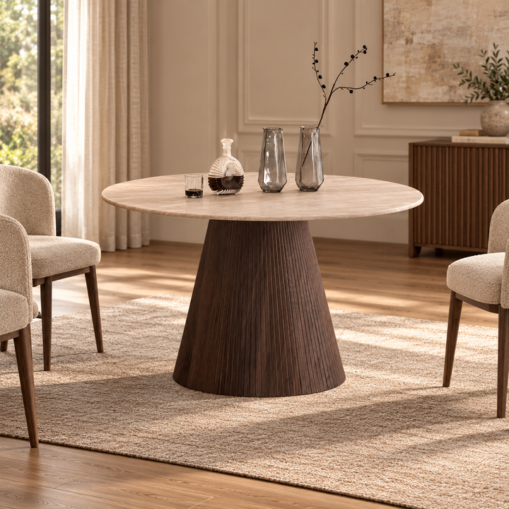KIMBERLY EETTAFEL 130 ROND FLINTSTONE FAUX MARBLE TOP – sfeerimpressie