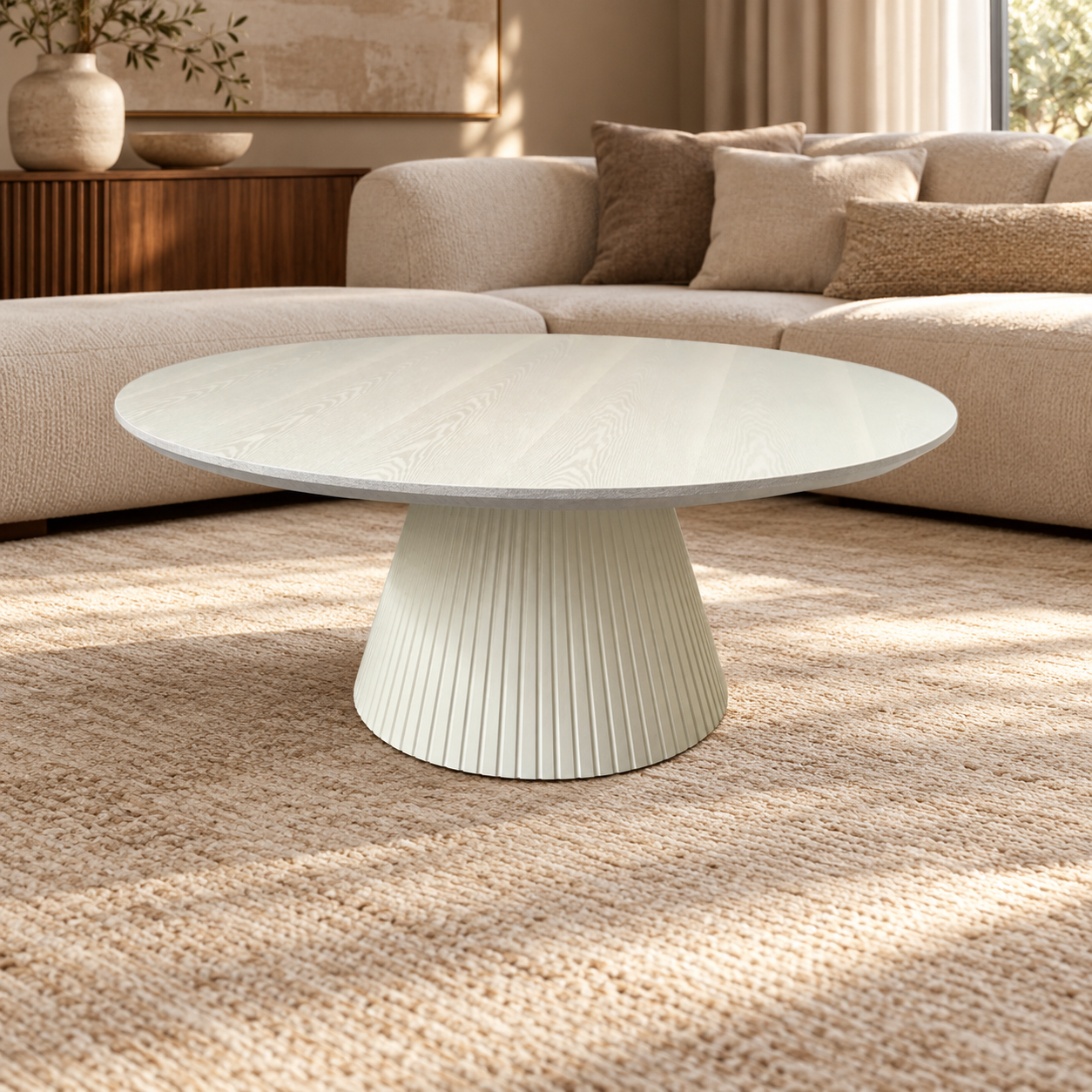 KIMBERLY SALONTAFEL 110 ROND CREAME FINEER – sfeerimpressie