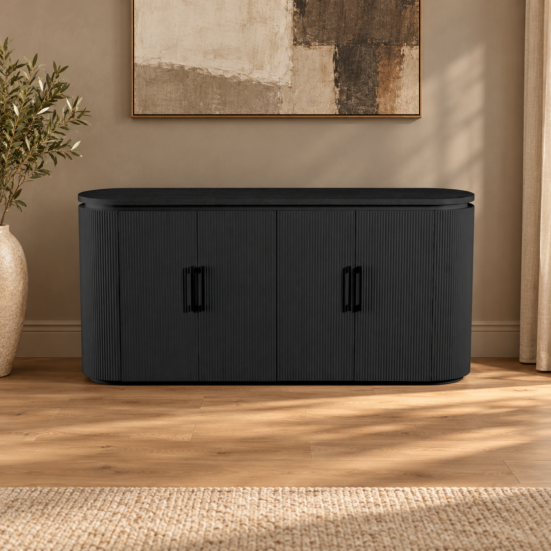 KIMBERLY DRESSOIR 180X40X85 + BLACK VISGRAAT PLAIN – sfeerimpressie