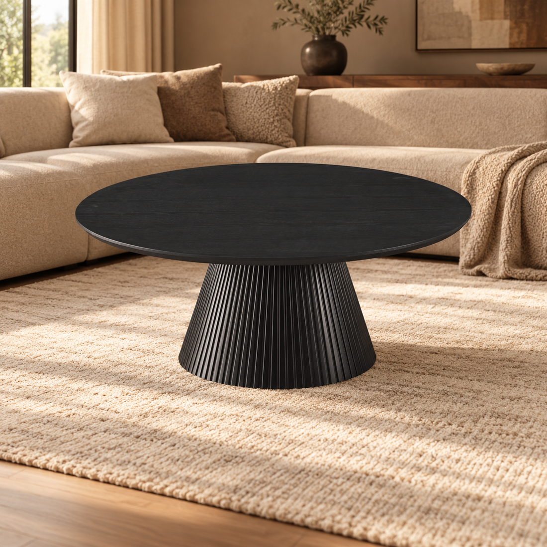 KIMBERLY SALOTAFEL 110 ROND BLACK VENEER PLAIN – sfeerimpressie