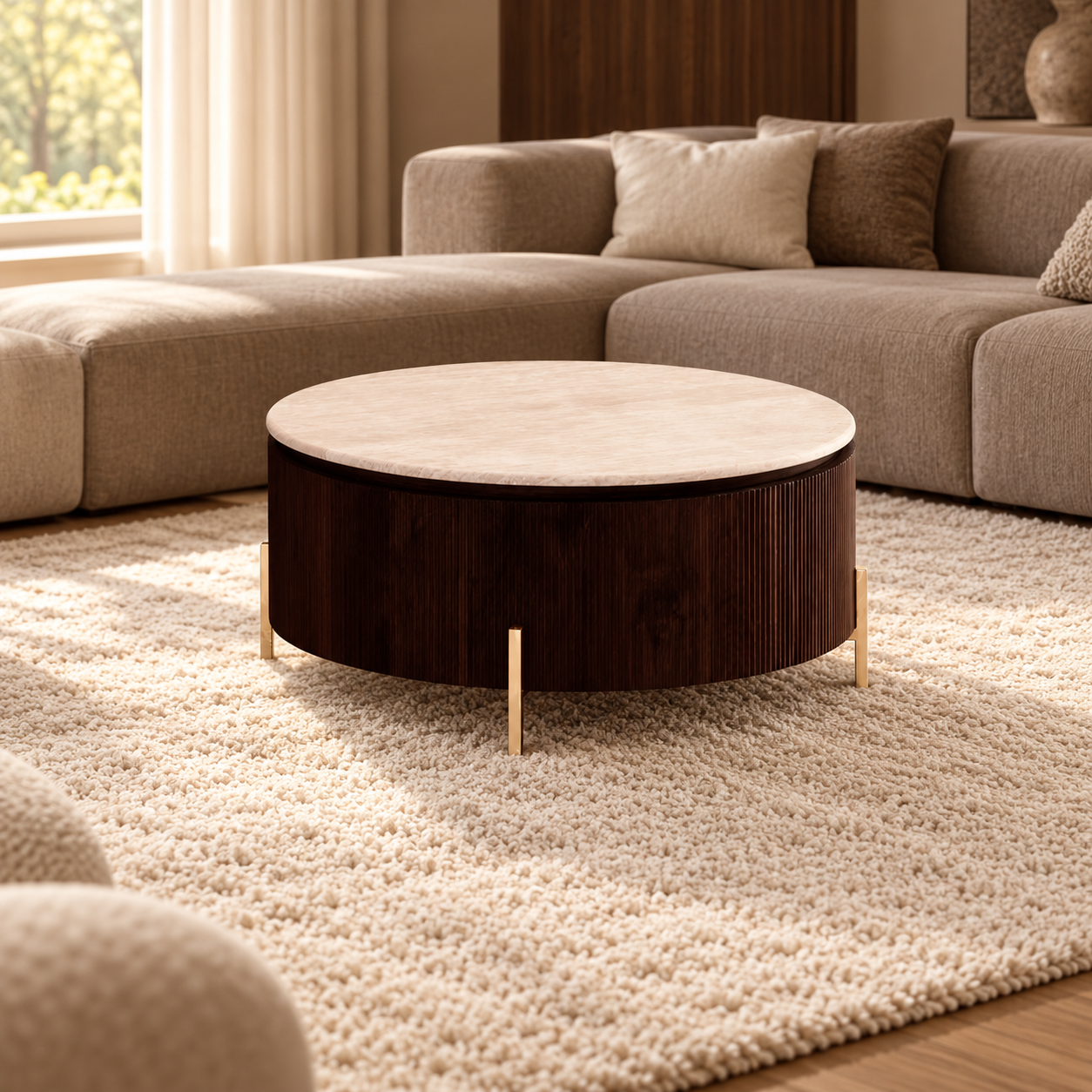 FOSTER BRUIN SALONTAFEL 100 ROND FLINTSTONE FAUX  MARBLE TOP – sfeerimpressie