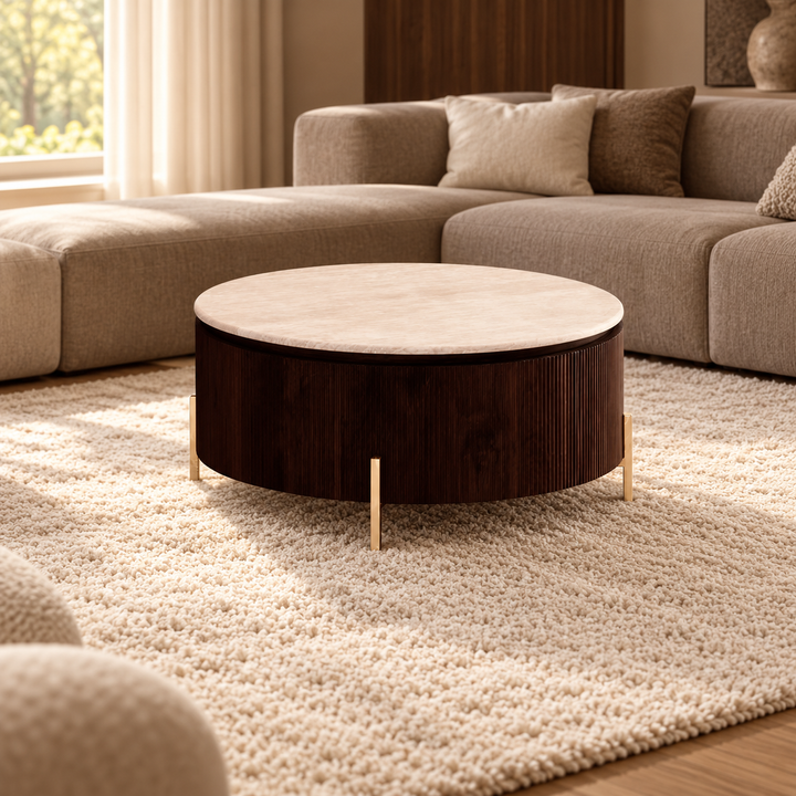 FOSTER BRUIN SALONTAFEL 100 ROND FLINTSTONE FAUX  MARBLE TOP – sfeerimpressie