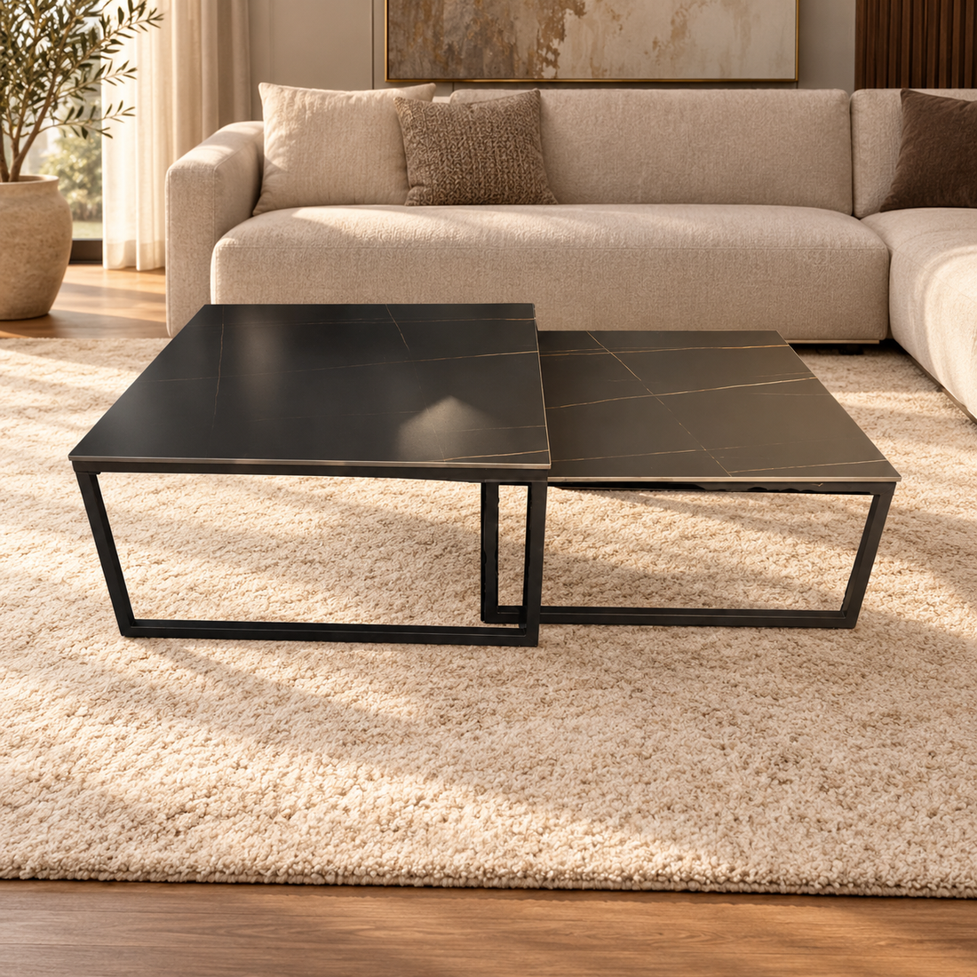 SASY SALONTAFEL SET  90x90/80x80 ZWART GOUD KERAMIEK BLAD – sfeerimpressie