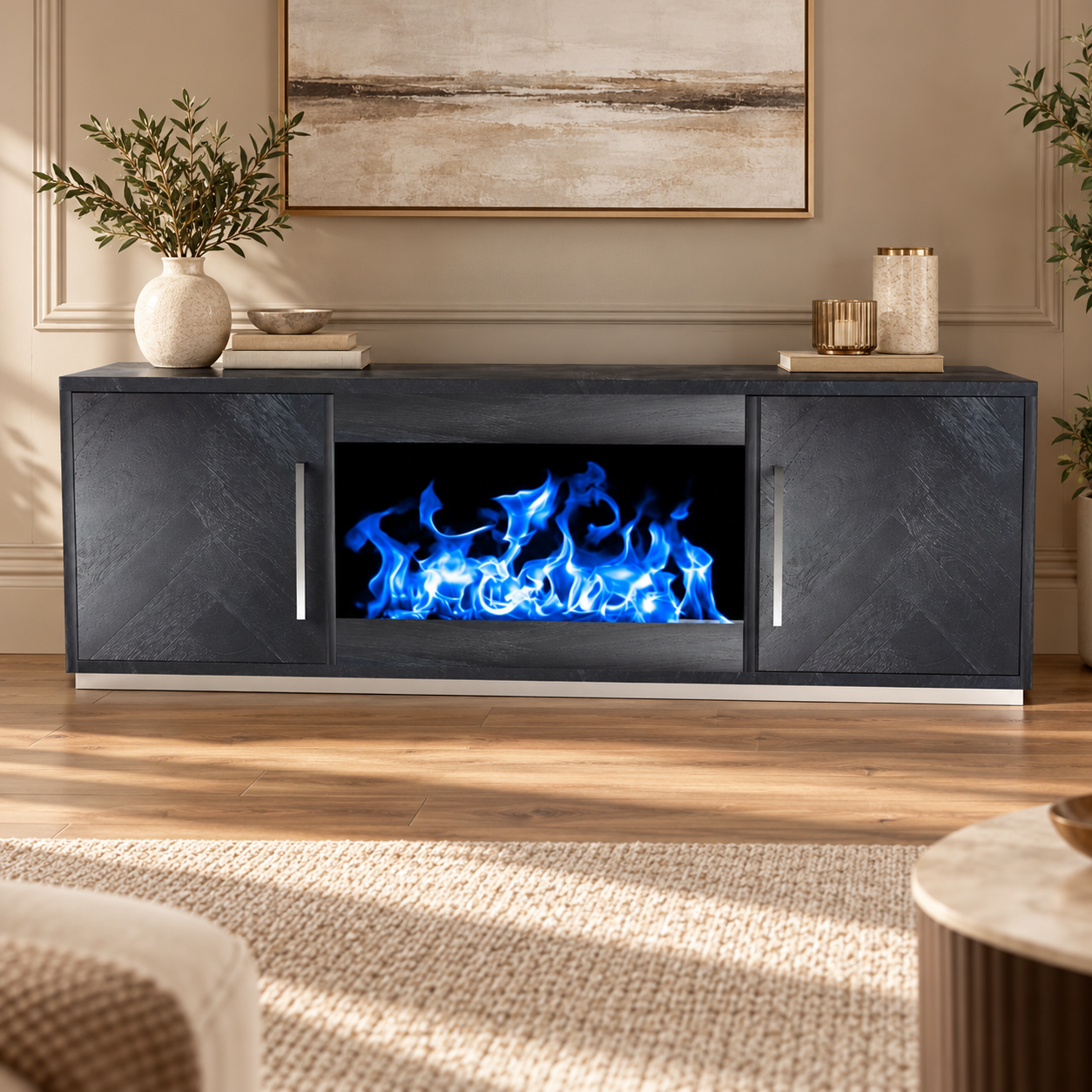 BLOCCI TVMEUBEL ZWART VISGRAAT INC SFEERHAARD 200X40X50 – sfeerimpressie