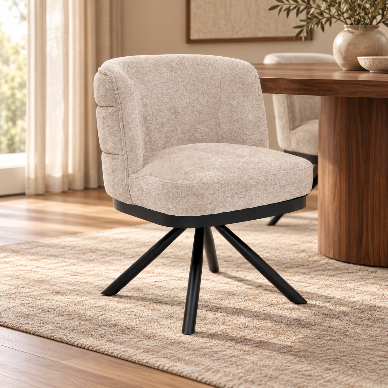 Stoel CORFU zwarte poten elegant stof – sfeerimpressie