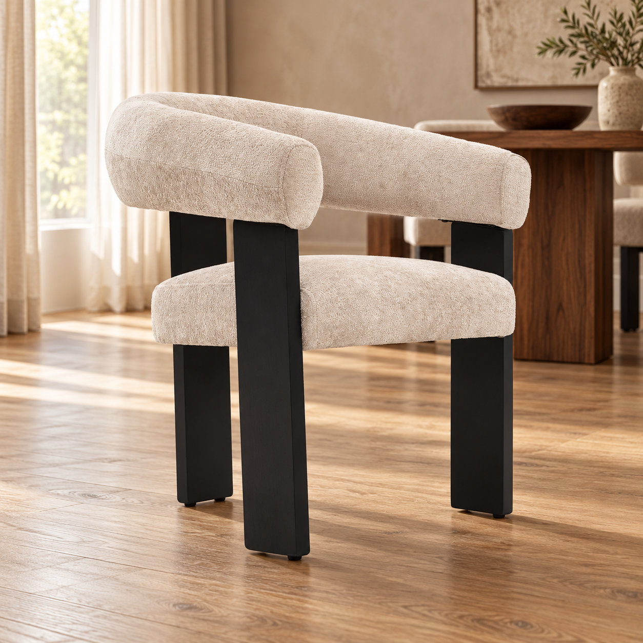 Stoel SARA zwarete poten elegant taupe stof – sfeerimpressie